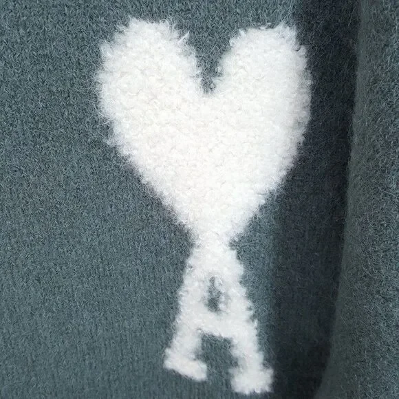 AMI PARIS Sweater Mens XXL Green Boxy Heart Logo Wool Alpaca De Coeur $685 - Picture 4 of 11